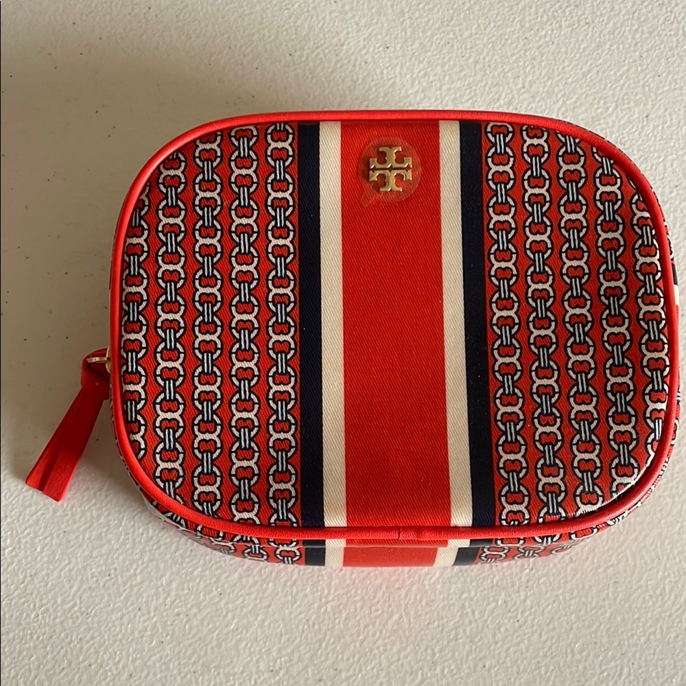 Tory Burch Red and Navy Patterned Cosmetic Bag
